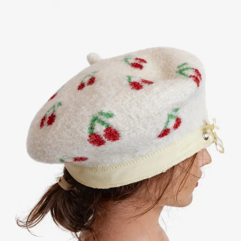 Maeve Anthropologie Cream Cherry Print Wool Blend Beret